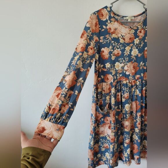 Mimi+Daphne Floral Midi Dress Blue Classic Modest Teacher Pockets Lightweight L - Picture 7 of 10